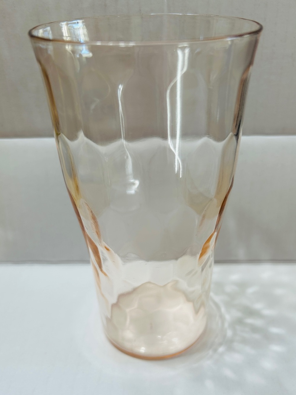 Vintage glass, honeycomb pattern in a pale rose pink color.